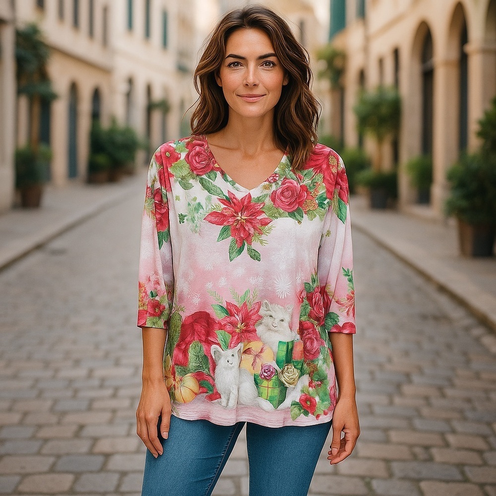 OneWorld Women's Floral Christmas/Cat Print V-Neck 3/4 Sleeve Top M - Picture 2 of 5